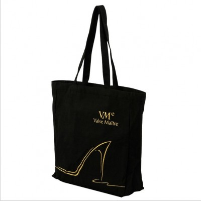 Eco Wholesale Gold Logo Printed Custom Zipper Cotton Canvas Shopping Tote Bag